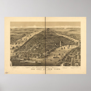 City of New York 1886 Antique Panoramic Karta Poster