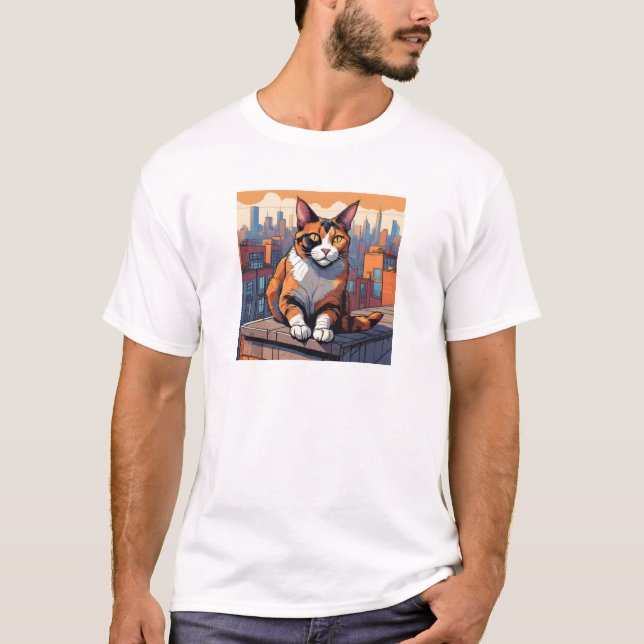 City Rooftop Cat - Urban Calico Charm T Shirt (Framsida)