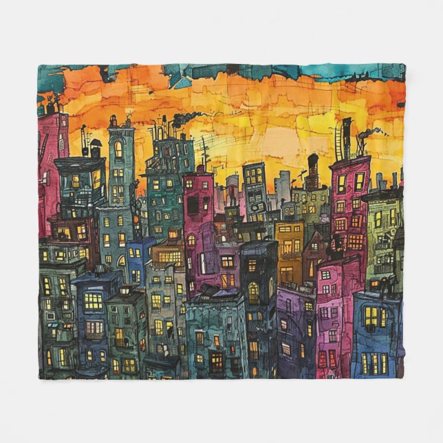 City Scape vid Sunset - Vibrant Urban Art Fleecefilt (Framsidan (Horisontell))