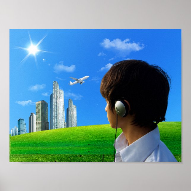 City Skyline Headphones Frutiger Aero Poster (Framsidan)