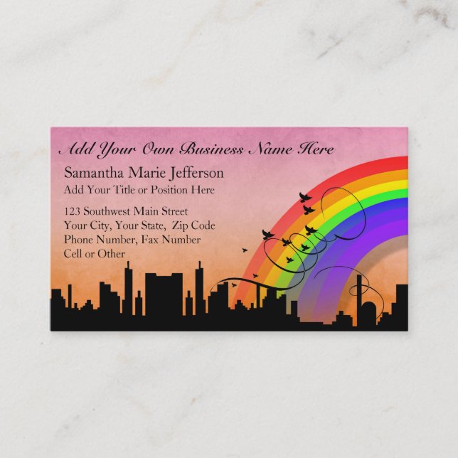 City Skyline med Rainbow och Birds Flies Rabattkort (Framsida)