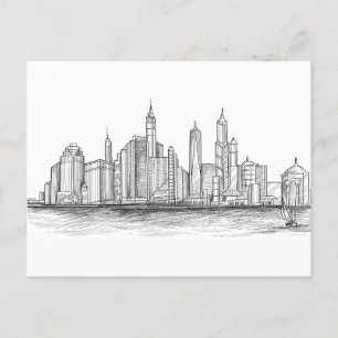 City Skyline Sketch Black and White Vykort