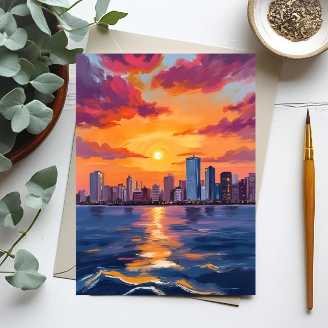 City Skyline Sunset Watercolor Vykort (Skapare uppladdad)