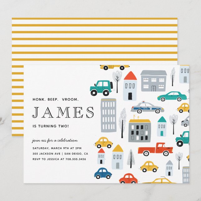 City Transport Boy Cars andra Födelsedagsfesten Inbjudningar (Fram/baksida)
