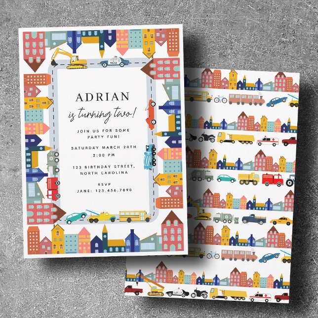 City Transportation Vehicles Truck Second Birthday Inbjudningar (City Transportation Vehicles Truck Second Birthday Invitation)