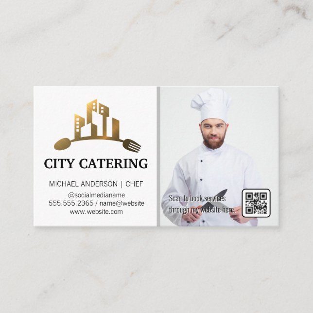 City Utensils Guld Logotyp | Chef | QR-kod Visitkort (Framsida)