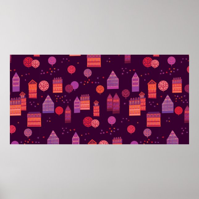 Cityscape hand plockade sömlös mönster poster (Framsidan)