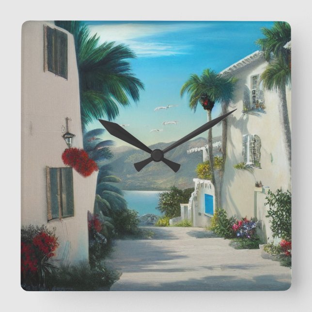 Cityscape-målning för sjösidan fyrkantig klocka (Framsida)