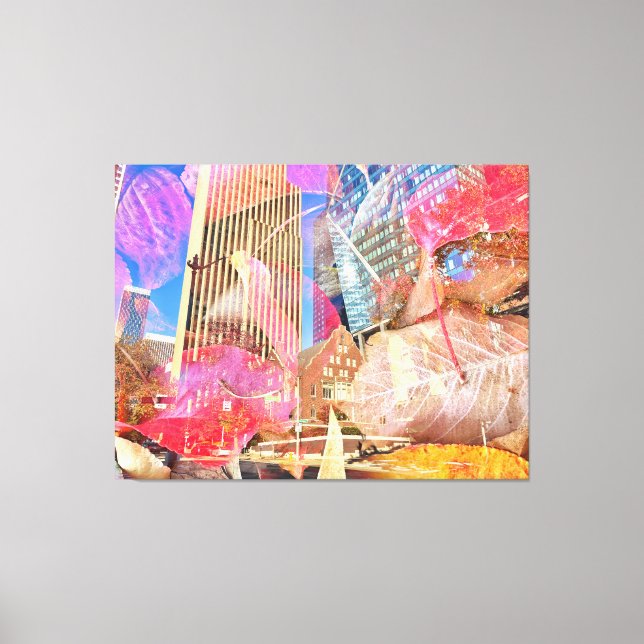 Cityscape med Red Höst löv Overlay Abstrakt Canvastryck (Framsida)