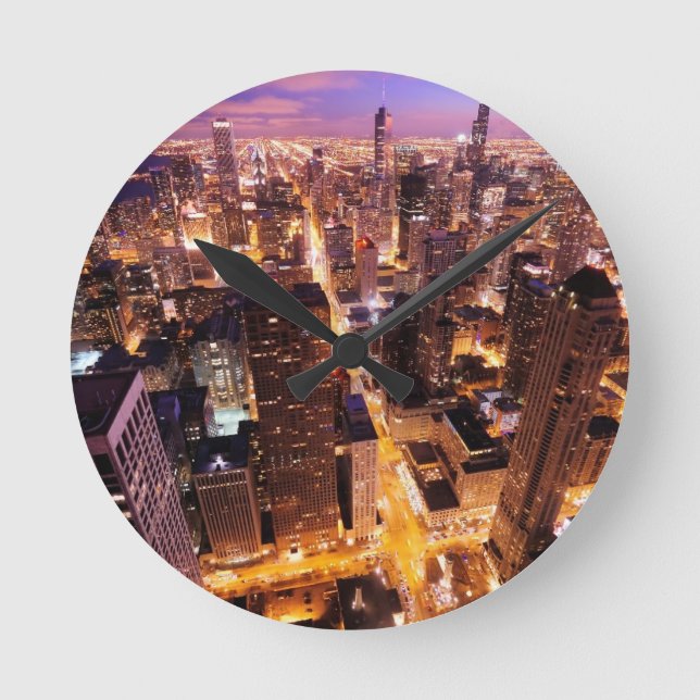 Cityscape på natten av Chicago Rund Klocka (Framsida)