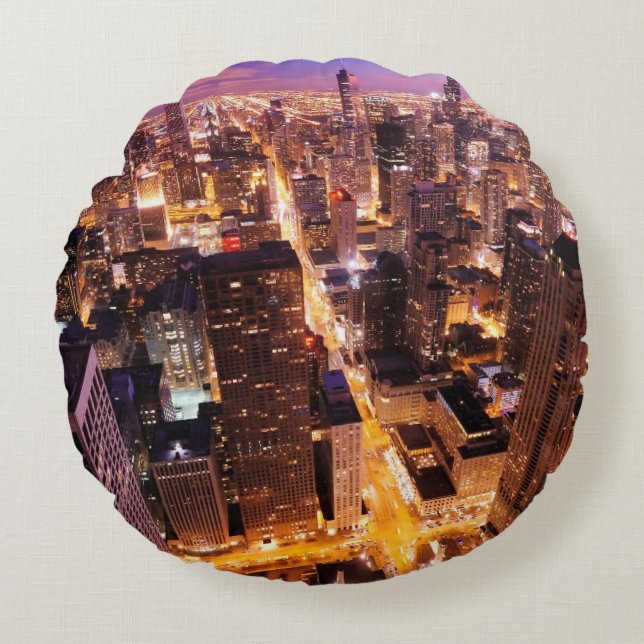 Cityscape på natten av Chicago Rund Kudde (Framsidan)