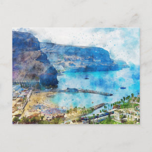 Cityscape Puerto de Morgan på Gran Canaria. Måla. Vykort