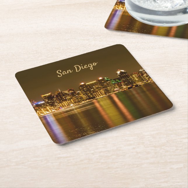 Cityscape Skyline Night California San Diego Underlägg Papper Kvadrat (Vinklad)