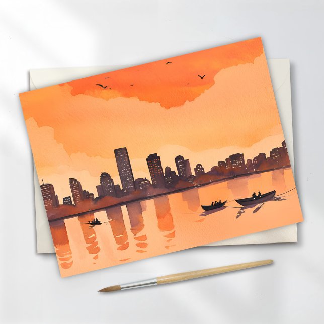 Cityscape Sunset | Orange City Skyline Watercolor Vykort (Skapare uppladdad)