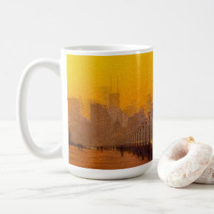 Cityscape vid solnedgång kaffemugg