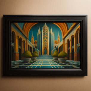 Cityscape View Muted Färg Art Deco Stil 3:2 Poster