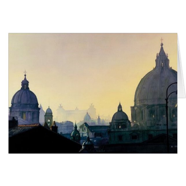 Cityscapevattenfärg "för sju backar" hälsningskort (Framsidan Horizontal)