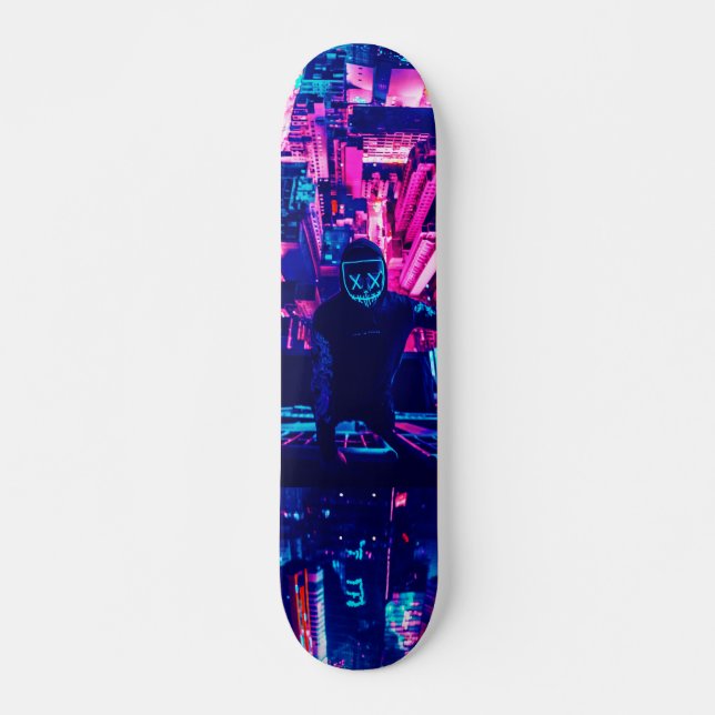 Cityskyline Cyberpunk-ton Mini Skateboard Bräda 18,5 Cm (Framsida)