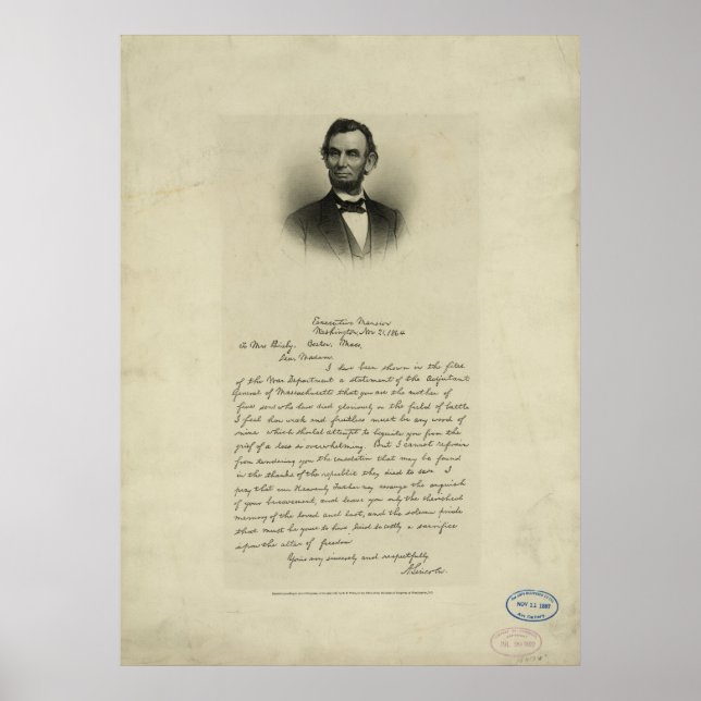Civil Krig Brev från Abraham Lincoln till Bixby Poster (Framsidan)