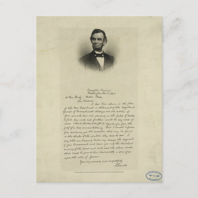 Civil Krig Brev från Abraham Lincoln till Bixby Vykort (Framsida)