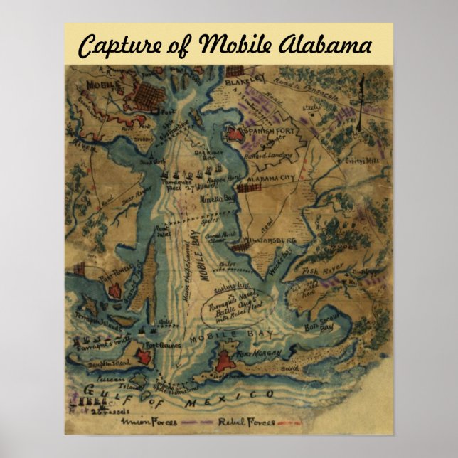 Civil Krig - Capture of Mobile Alabama - Karta Poster (Framsidan)