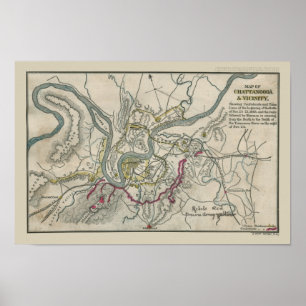 Civil Krig Karta i Chattanooga och Vicinity Poster