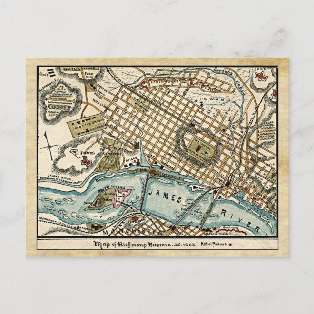 Civil Krig Karta of Richmond, Virginia 1863 Vykort (Framsida)
