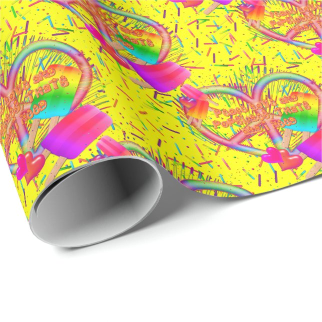 CKC-Peace, Kärlek och Popsicle's, Gult-Gift Wrap Presentpapper (Rullad Hörn)