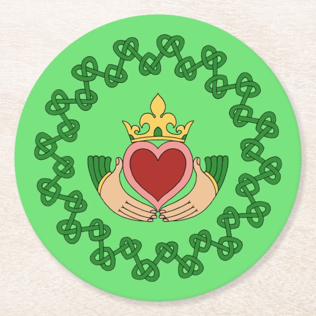 Claddagh och Grönt Knotwork Underlägg Papper Rund (Framsidan)