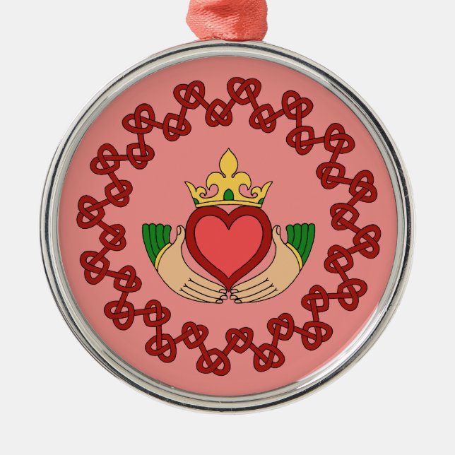 Claddagh och Red Knotwork på Rosa Julgransprydnad Metall (Framsidan)