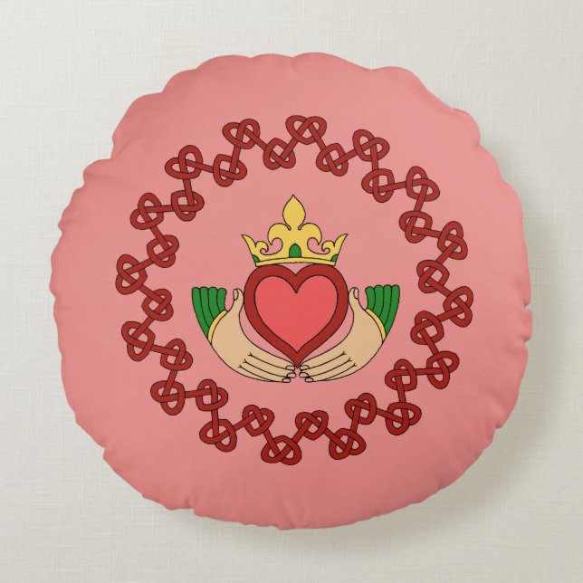 Claddagh och Red Knotwork på Rosa Rund Kudde (Framsidan)