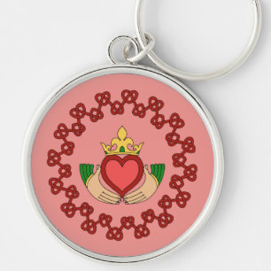 Claddagh och Red Knotwork på Rosa Rund Silverfärgad Nyckelring