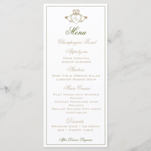 Claddagh Wedding Reception Menu Meny (Framsida)