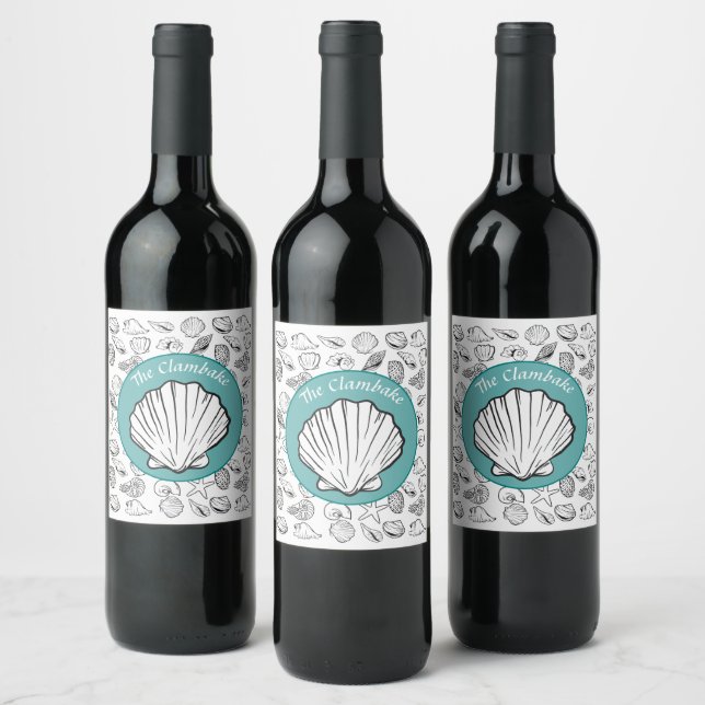 Clambake Teal Cirkel Snigelskal Vin Etikett (Flaskor)