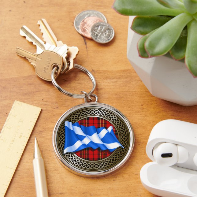 Clan Brodie Tartan Knut & Flagga Rund Silverfärgad Nyckelring (Skrivbord)