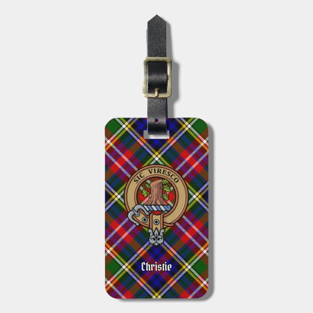 Clan Christie vapen över tartan Bagagebricka (Vertikal Framsida)