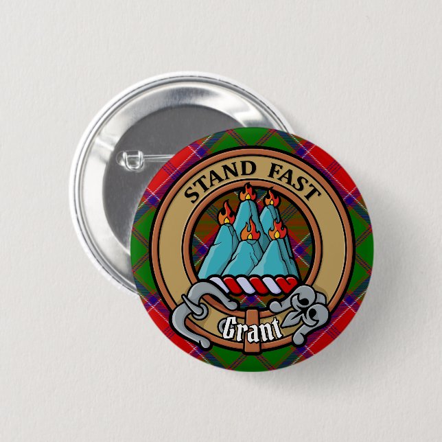 Clan Grant-vapen över tartan Knapp (Framsida & baksida)