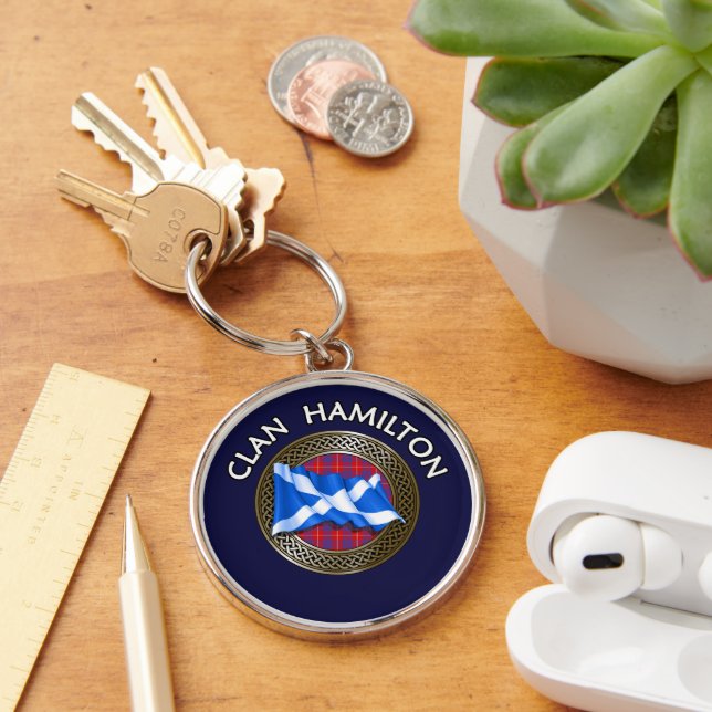 Clan Hamilton Tartan Knut & Flagga Rund Silverfärgad Nyckelring (Skrivbord)