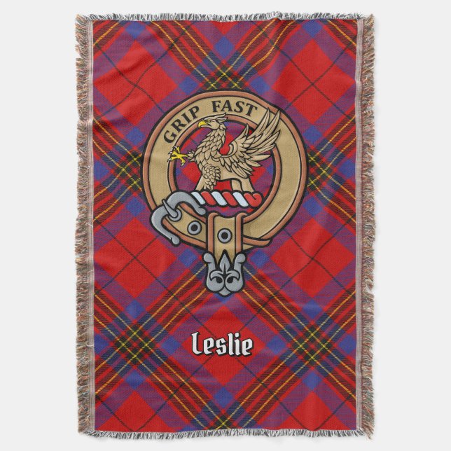 Clan Leslie-vapen över röd tartan Filt (Framsidan Vertikal)
