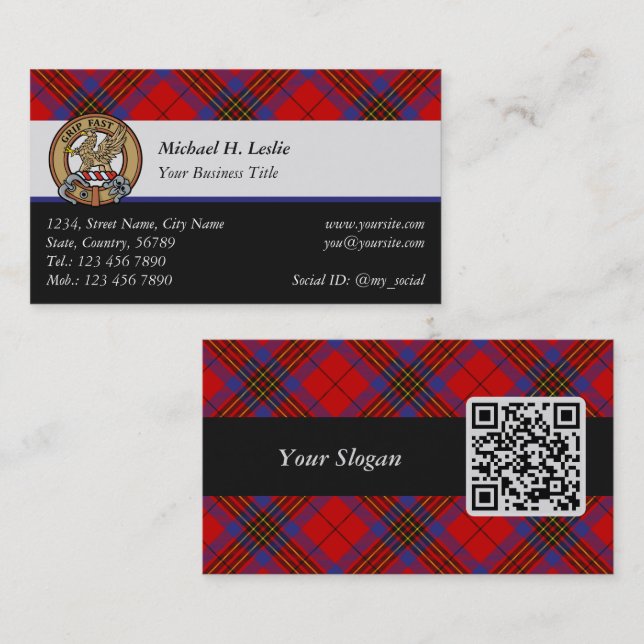 Clan Leslie-vapen över röd tartan Visitkort (Fram/baksida)