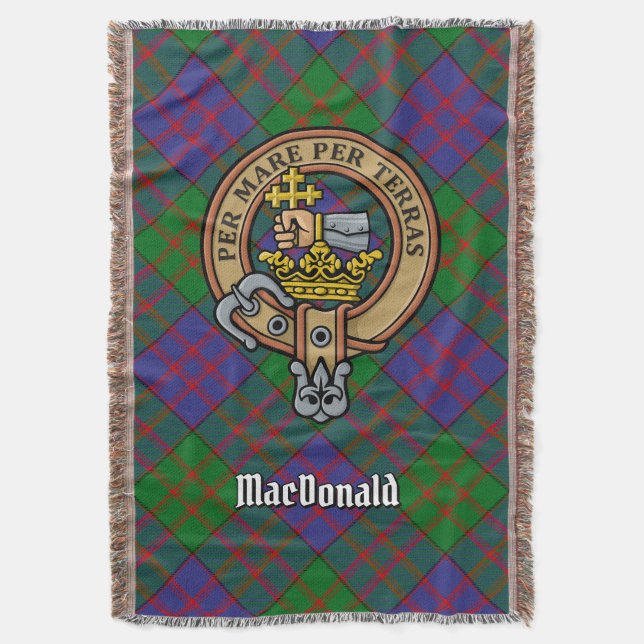 Clan MacDonald Crest over Tartan Filt (Framsidan Vertikal)