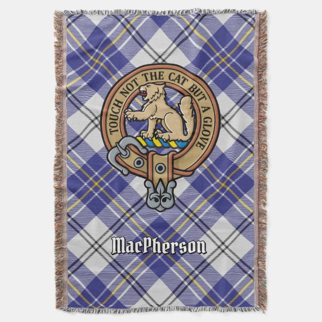 Clan MacPherson-vapen över blå klänningstartan Filt (Framsidan Vertikal)