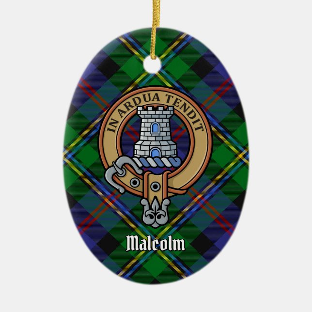 Clan Malcolm Crest over Tartan Julgransprydnad Keramik (Framsidan)
