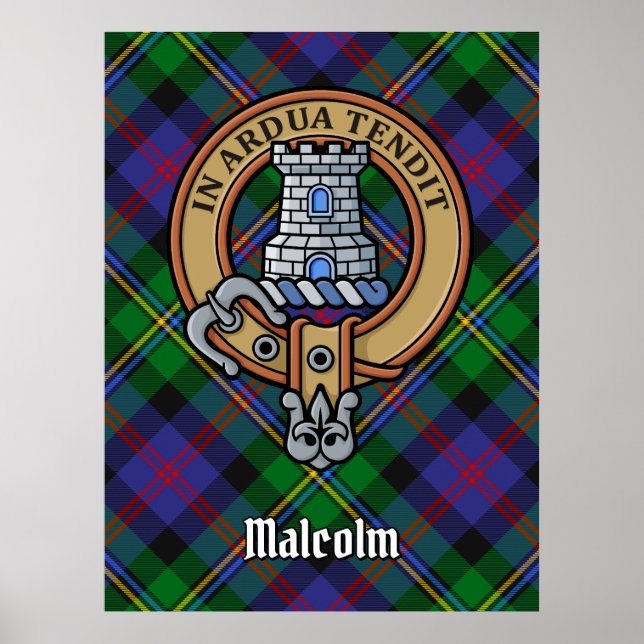 Clan Malcolm Crest over Tartan Poster (Framsidan)