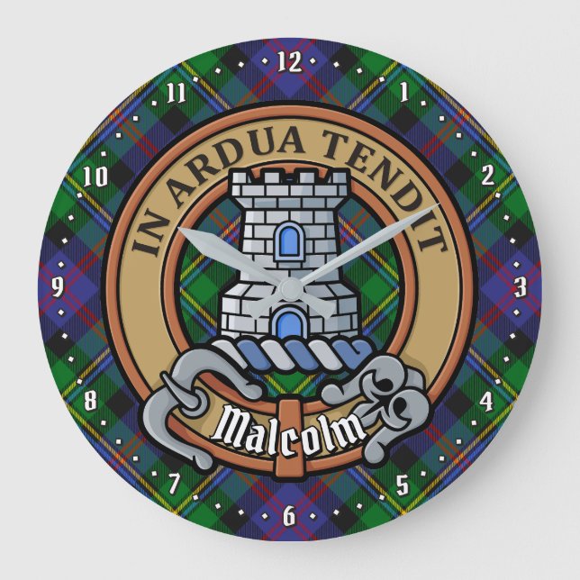 Clan Malcolm Crest over Tartan Stor Klocka (Framsida)