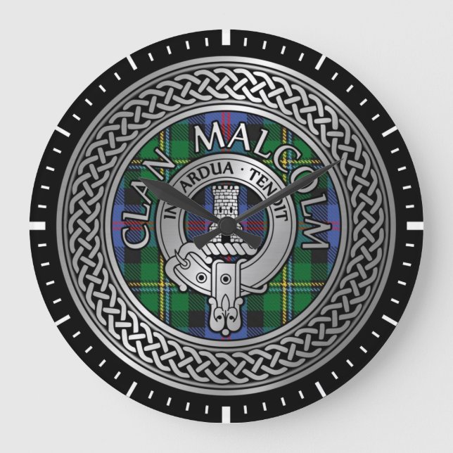 Clan Malcolm Crest & Tartan Knot Stor Klocka (Framsida)