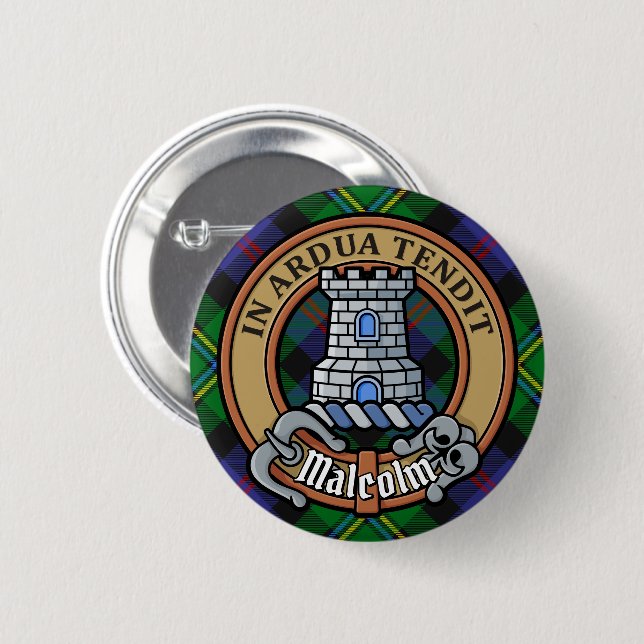 Clan Malcolm-vapen över tartan Knapp (Framsida & baksida)