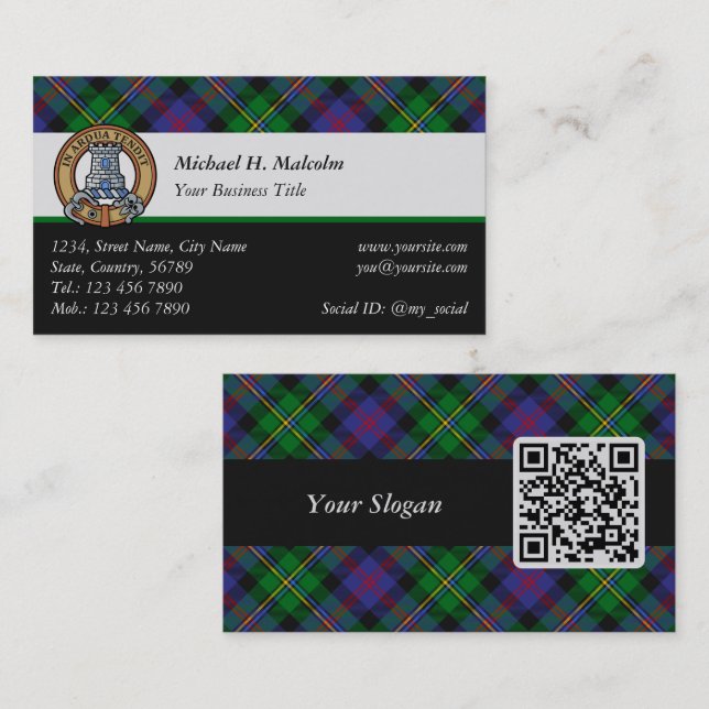 Clan Malcolm vapensköld över tartan Visitkort (Fram/baksida)