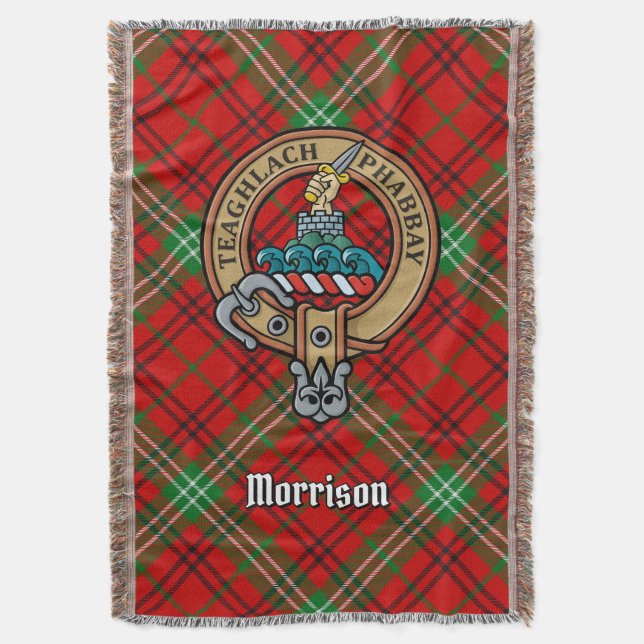Clan Morrison-vapen över röd tartan Filt (Framsidan Vertikal)