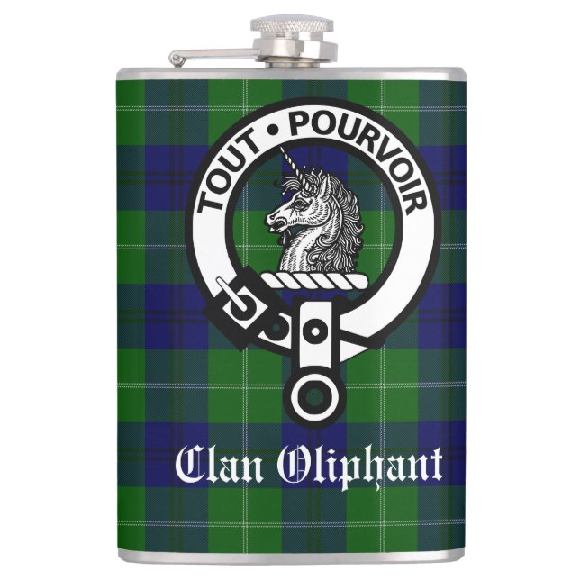 Clan Oliphant Crest-märke och Tartan Fickplunta (Framsidan)